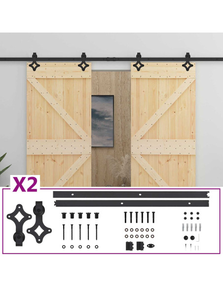 Porta scorrevole 2 pcs Naturale e Nero Legno Massello di Pino