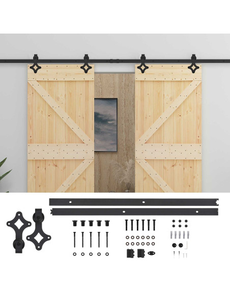 Porta scorrevole 2 pcs Naturale e Nero Legno Massello di Pino