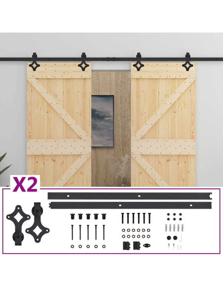 Porta scorrevole 2 pcs Naturale e Nero Legno Massello di Pino