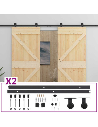 Porta scorrevole 2 pcs Naturale e Nero Legno Massello di Pino
