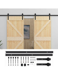 Porta scorrevole 2 pcs Naturale e Nero Legno Massello di Pino 2