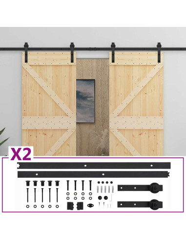 Porta scorrevole 2 pcs Naturale e Nero Legno Massello di Pino