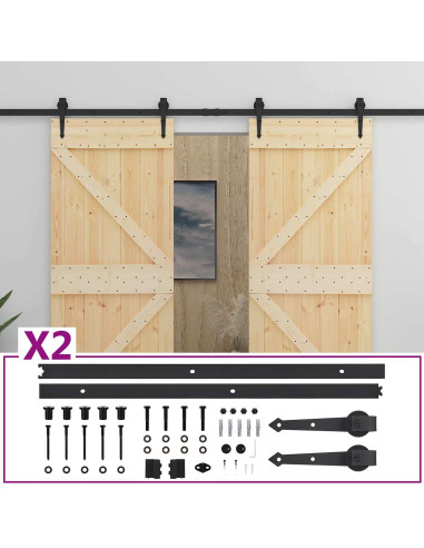 Porta scorrevole 2 pcs Naturale e Nero Legno Massello di Pino