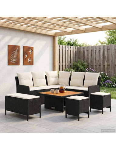 Set di Mobili con cuscino 7 pcs Nero e Crema Rattan in PE