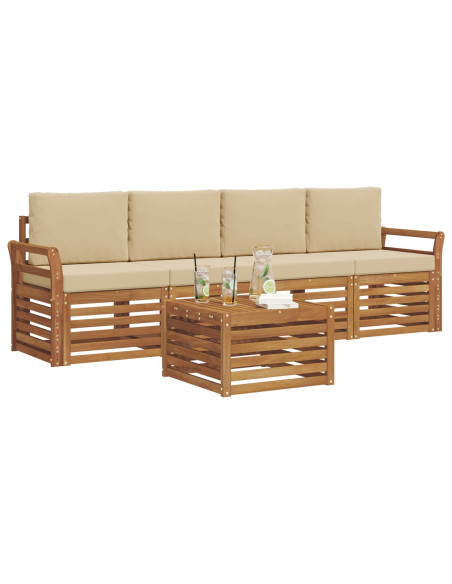 Set divani 5 pcs Naturale e Beige Legno di Acacia Massello