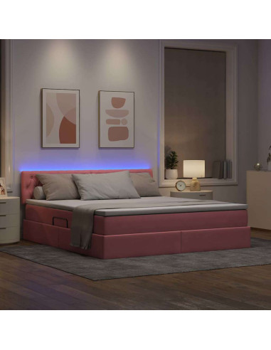 Letto con contenitore e LED con led Rosa 160 x 200 cm Velluto