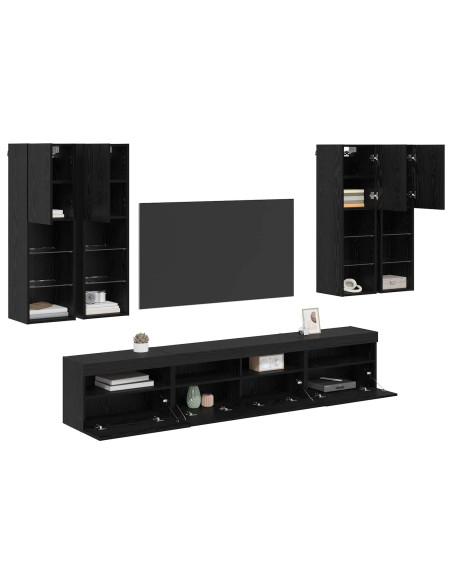 Set Mobile TV a Muro con Luci LED con led 7 pcs Rovere Nero