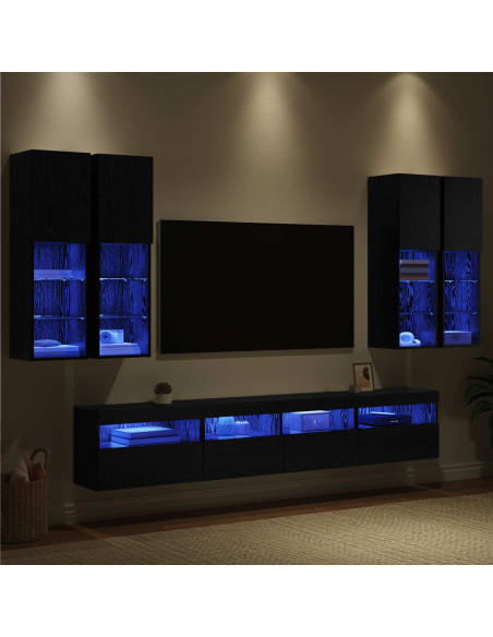 Set Mobile TV a Muro con Luci LED con led 7 pcs Rovere Nero