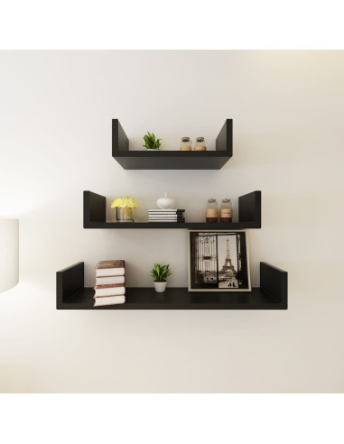 Mensole a Parete 3 pz Nere in MDF a U per Libri/DVD