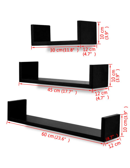Mensole a Parete 3 pz Nere in MDF a U per Libri/DVD