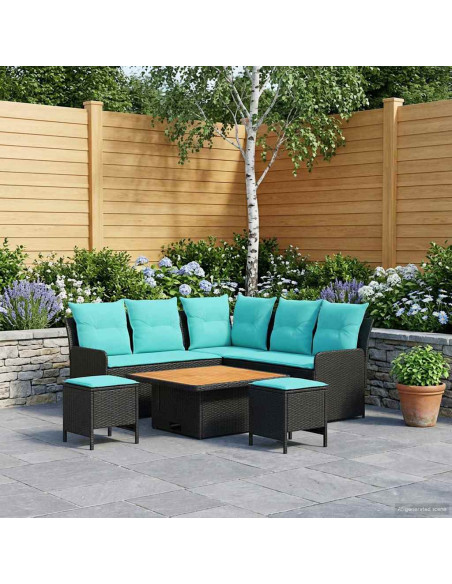 Set di Mobili con cuscino 6 pcs Nero e Turchese Rattan in PE