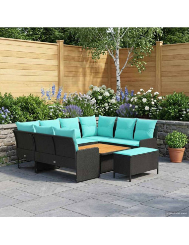 Set di Mobili con cuscino 7 pcs Nero e Turchese Rattan in PE