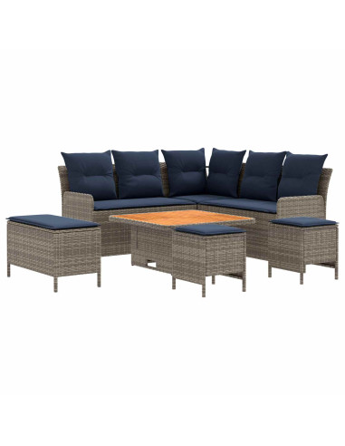 Set di Mobili con cuscino 7 pcs Grigio e Blu Navy Rattan in PE