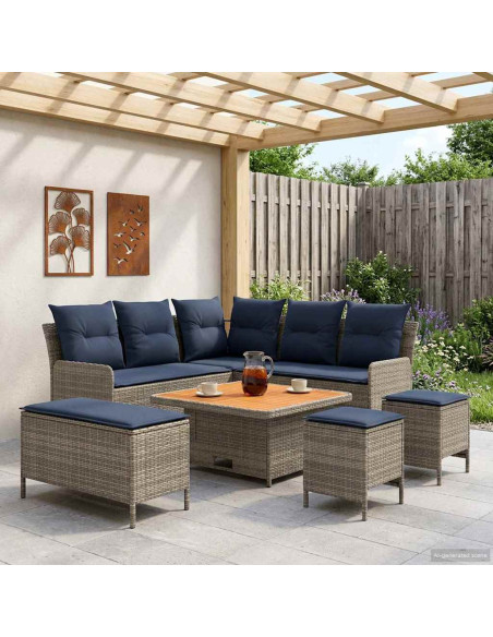 Set di Mobili con cuscino 7 pcs Grigio e Blu Navy Rattan in PE