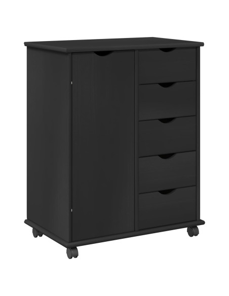 Mobile con Ruote Nero 63,5 x 39 x 79 cm Legno di Pino Massello