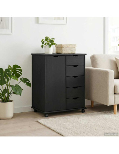 Mobile con Ruote Nero 63,5 x 39 x 79 cm Legno di Pino Massello