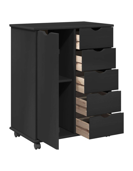 Mobile con Ruote Nero 63,5 x 39 x 79 cm Legno di Pino Massello