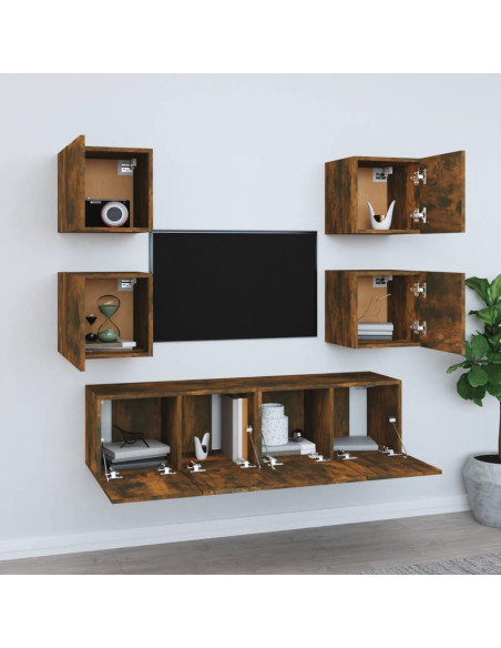 Set di Mobili Porta TV 6 pz Rovere Fumo in Legno Multistrato