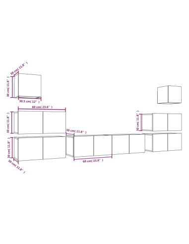 Set Mobili Porta TV 8pz Rovere Fumo in Legno Multistrato