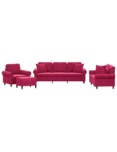 Set di Divani 4 pz con Cuscini Rosso Vino in Velluto