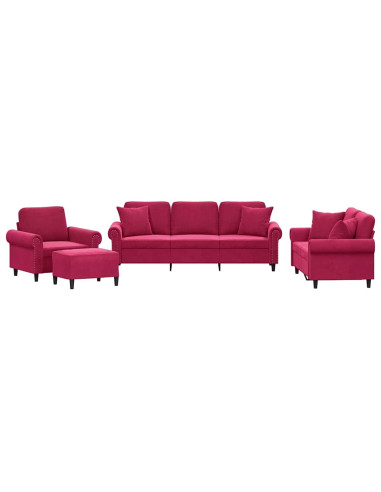 Set di Divani 4 pz con Cuscini Rosso Vino in Velluto