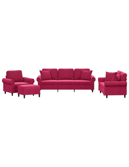 Set di Divani 4 pz con Cuscini Rosso Vino in Velluto