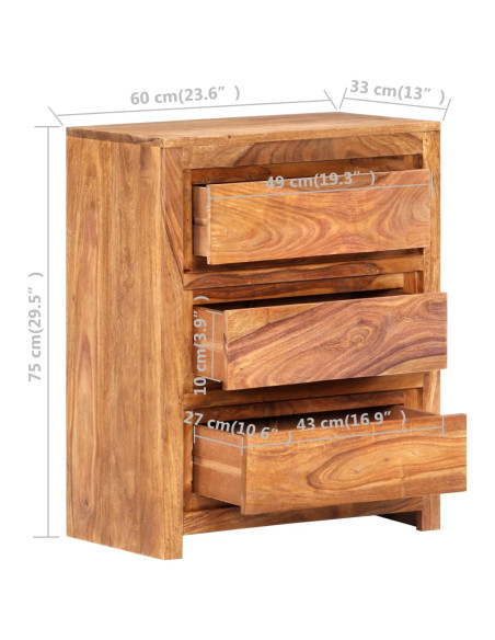 Cassettiera 60x33x75 cm in Legno Massello di Acacia