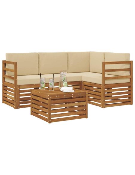 Set divani 5 pcs Naturale e Beige Legno di Acacia Massello