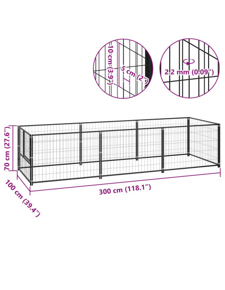 Gabbia per Cani Nera 300x100x70 cm in Acciaio