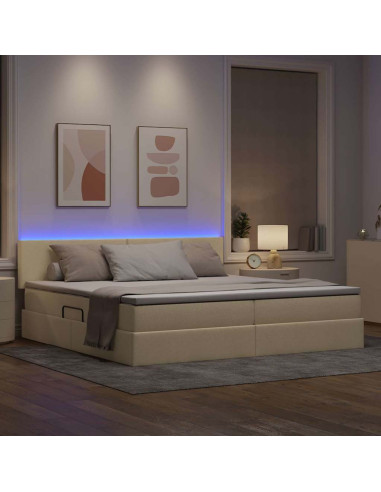 Letto con contenitore e LED con led Crema 200 x 200 cm Tessuto