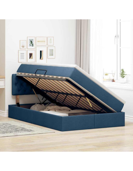 Letto con contenitore e LED con led Blu 120 x 190 cm Tessuto