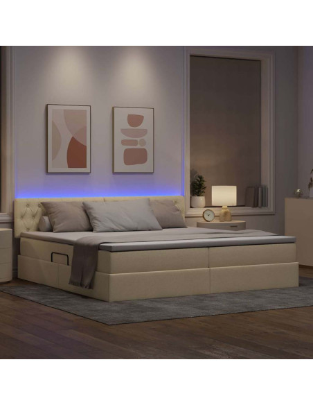 Letto con contenitore e LED con led Crema 200 x 200 cm Tessuto