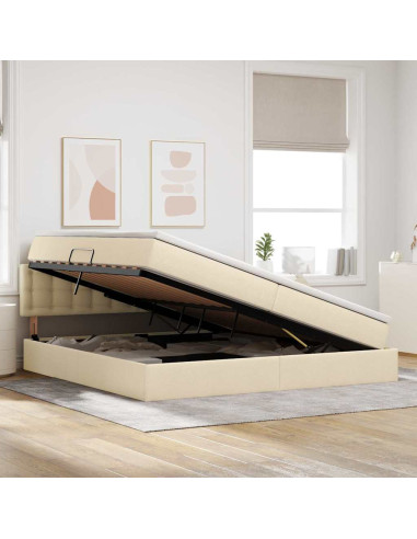 Letto con contenitore e LED con led Crema 200 x 200 cm Tessuto