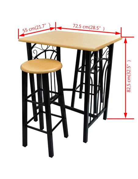 Tavolo e Sgabelli da Bar Set 3 pz in Legno e Acciaio