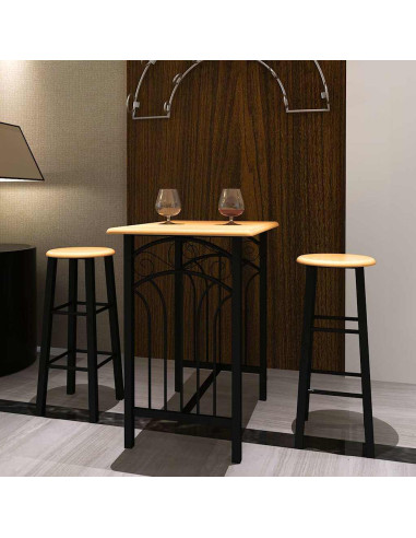 Tavolo e Sgabelli da Bar Set 3 pz in Legno e Acciaio