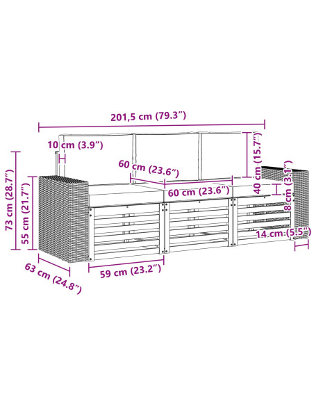 Set divani con cuscino 3 pcs Legno di Acacia Massello