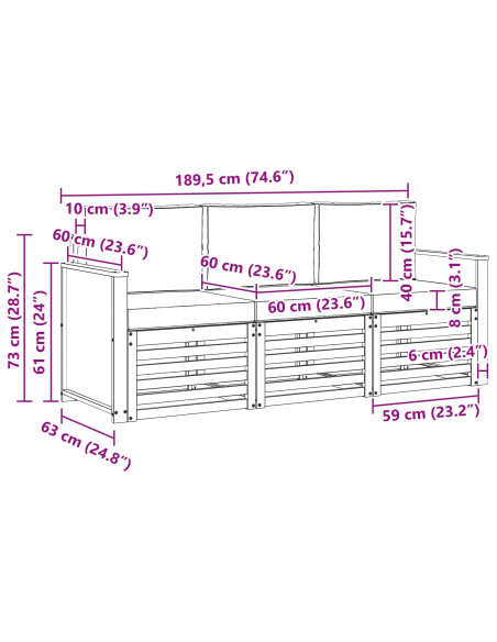 Set divani con cuscino 3 pcs Legno di Acacia Massello