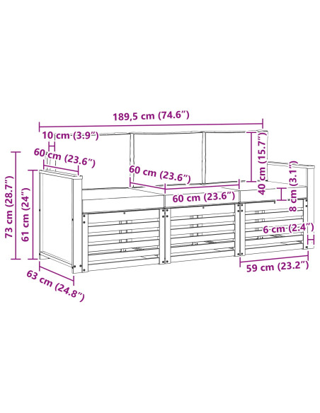 Set divani con cuscino 3 pcs Legno di Acacia Massello