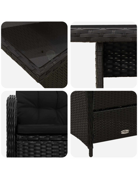 Set da pranzo per esterni con cuscino 3 pcs Nero polyrattan