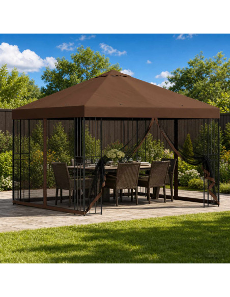 Gazebo da giardino con pareti laterali 3 x 3 m Marrone
