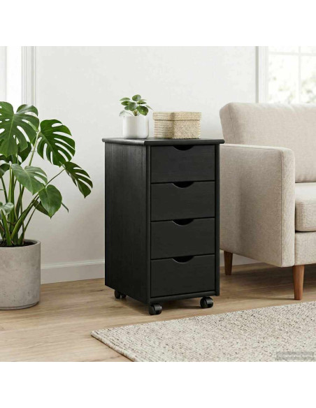 Mobile con Ruote Nero 34 x 39 x 65,5 cm Legno di Pino Massello