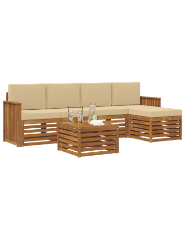 Set divani 6 pcs Naturale e Beige Legno di Acacia Massello