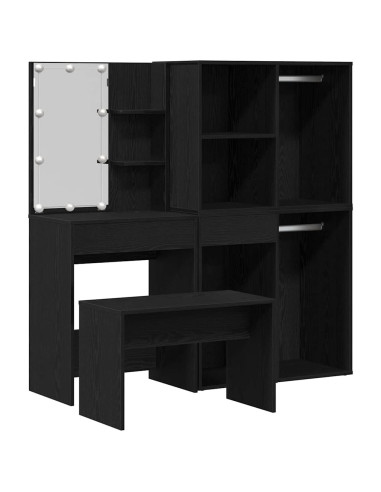 Set da tavolo da trucco con LED con cassetto 4 pcs Rovere Nero
