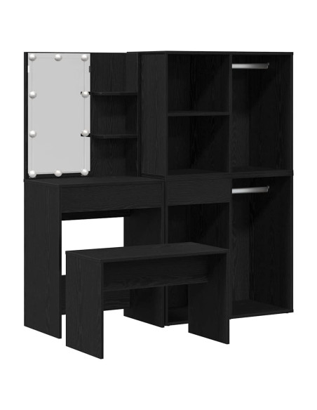 Set da tavolo da trucco con LED con cassetto 4 pcs Rovere Nero