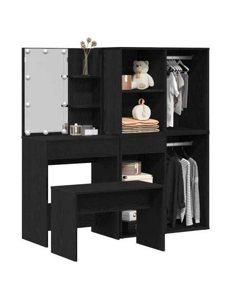 Set da tavolo da trucco con LED con cassetto 4 pcs Rovere Nero