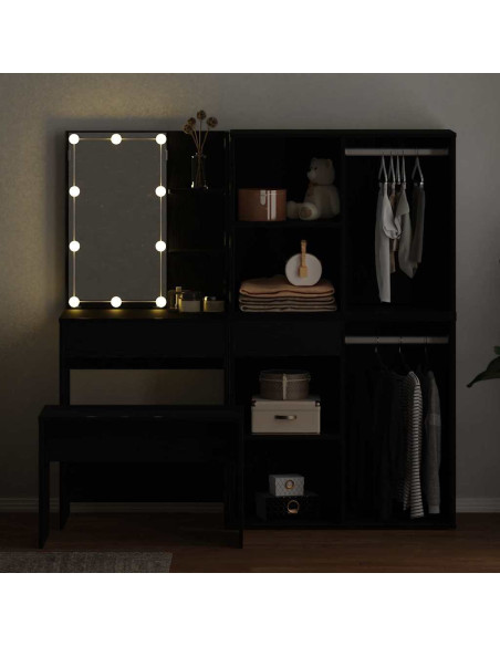 Set da tavolo da trucco con LED con cassetto 4 pcs Rovere Nero