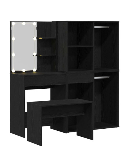 Set da tavolo da trucco con LED con cassetto 4 pcs Rovere Nero