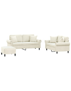 Set di Divani 3 pz con Cuscini Crema in Velluto 2