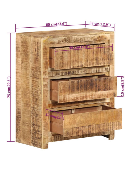 Cassettiera 60x33x75 cm in Legno Massello di Mango