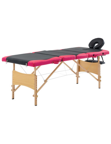 Lettino Massaggio Pieghevole a 4 Sezioni Legno Nero e Rosa
